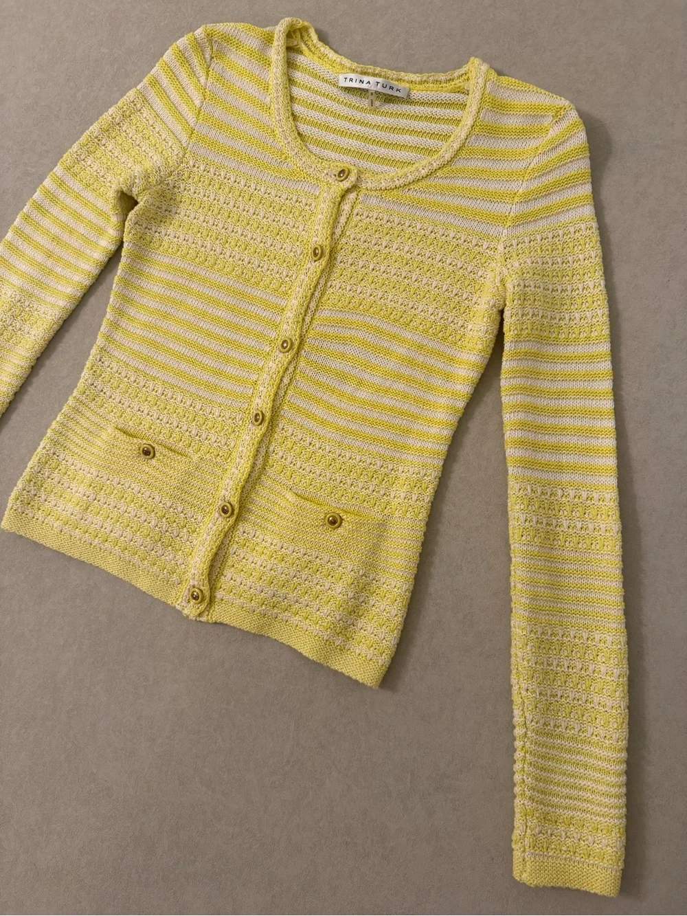 Trina Turk Yellow White Striped Cotton Knit Button-Front Cardigan Sweater Sz S